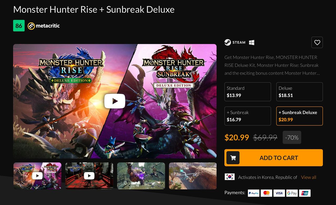 몬헌 라이즈 + 선브레이크 디럭스 70% 할인 ($20.99/무료) - 핫딜 채널