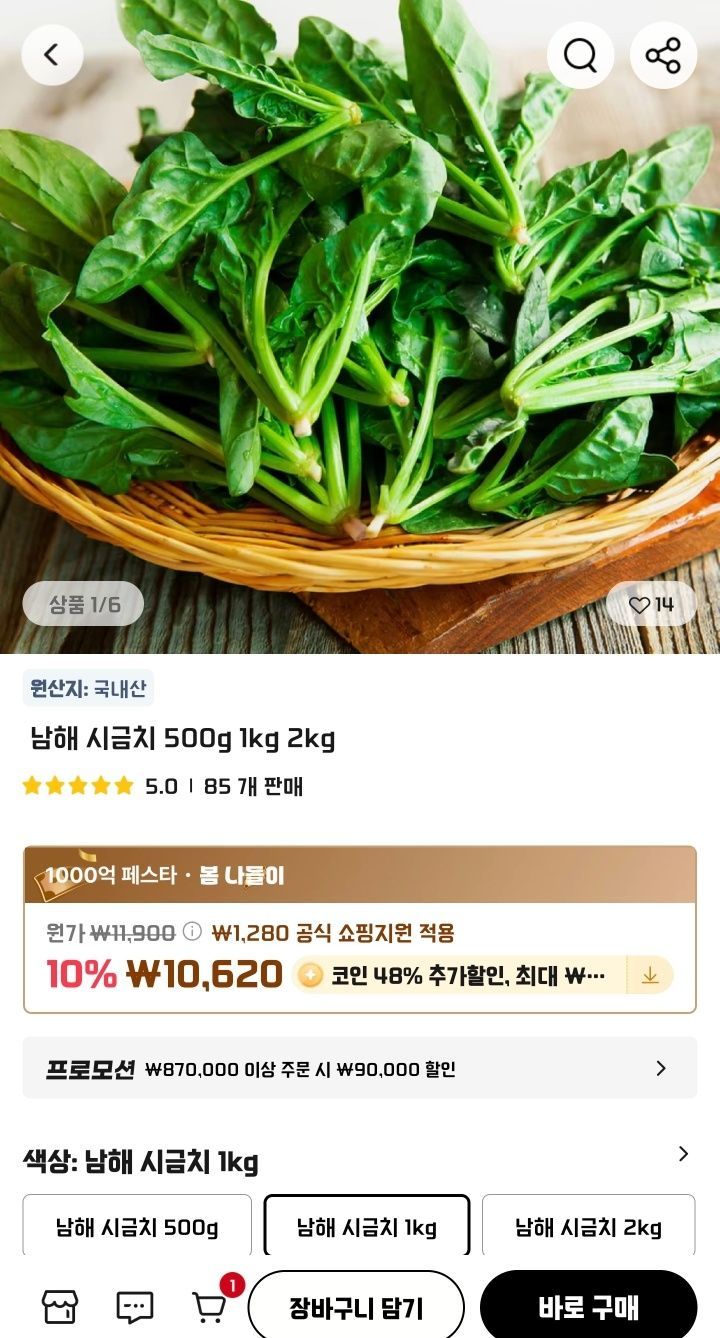 남해 시금치 1kg 코인딜 (5,522원/무료) - 핫딜 채널